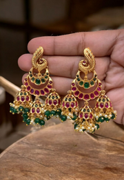 Gold replica beautiful earrings with green stone and guttapusalu dropping